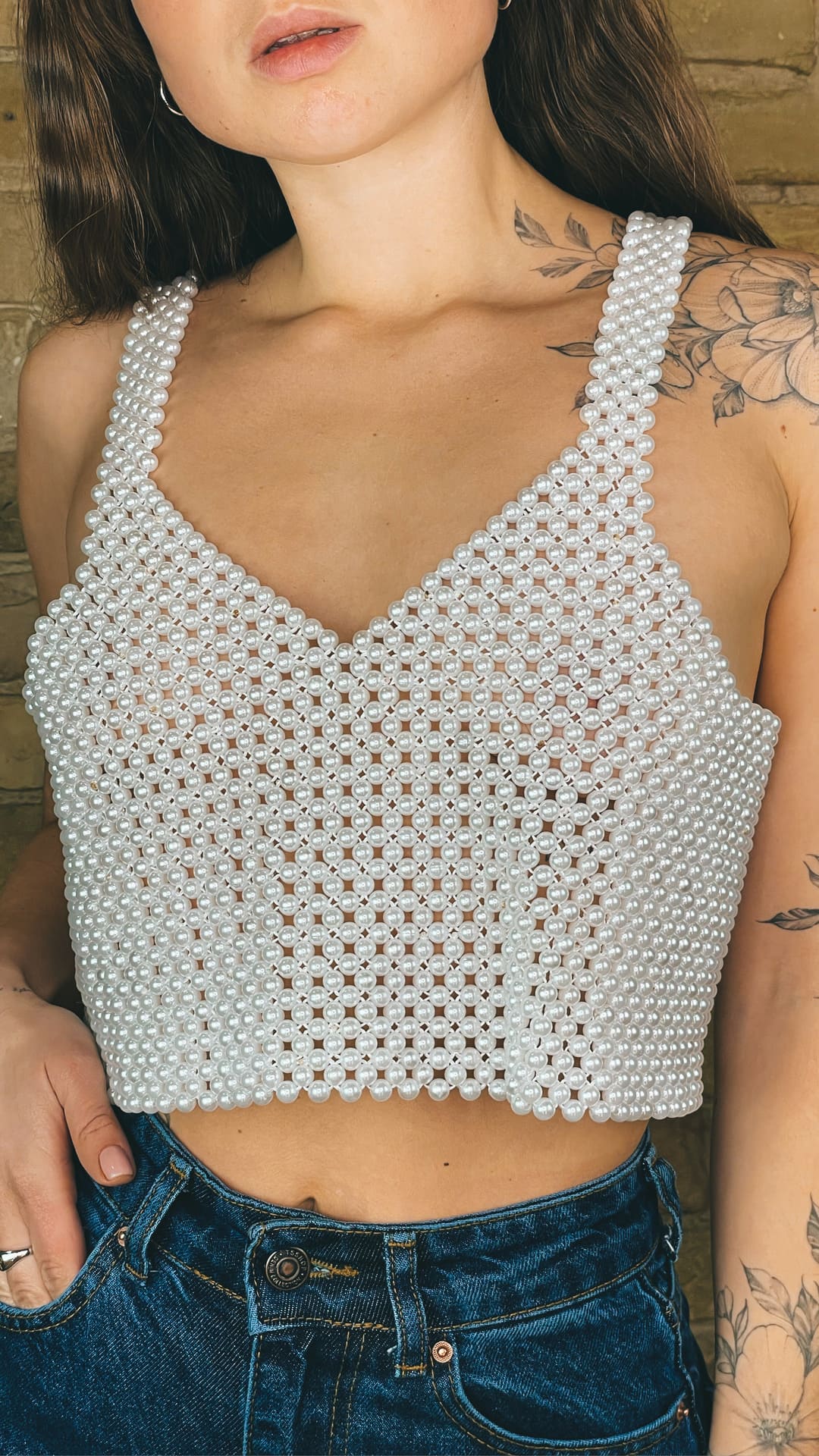 White Beads Pearl Crop Top, Body Jewelry