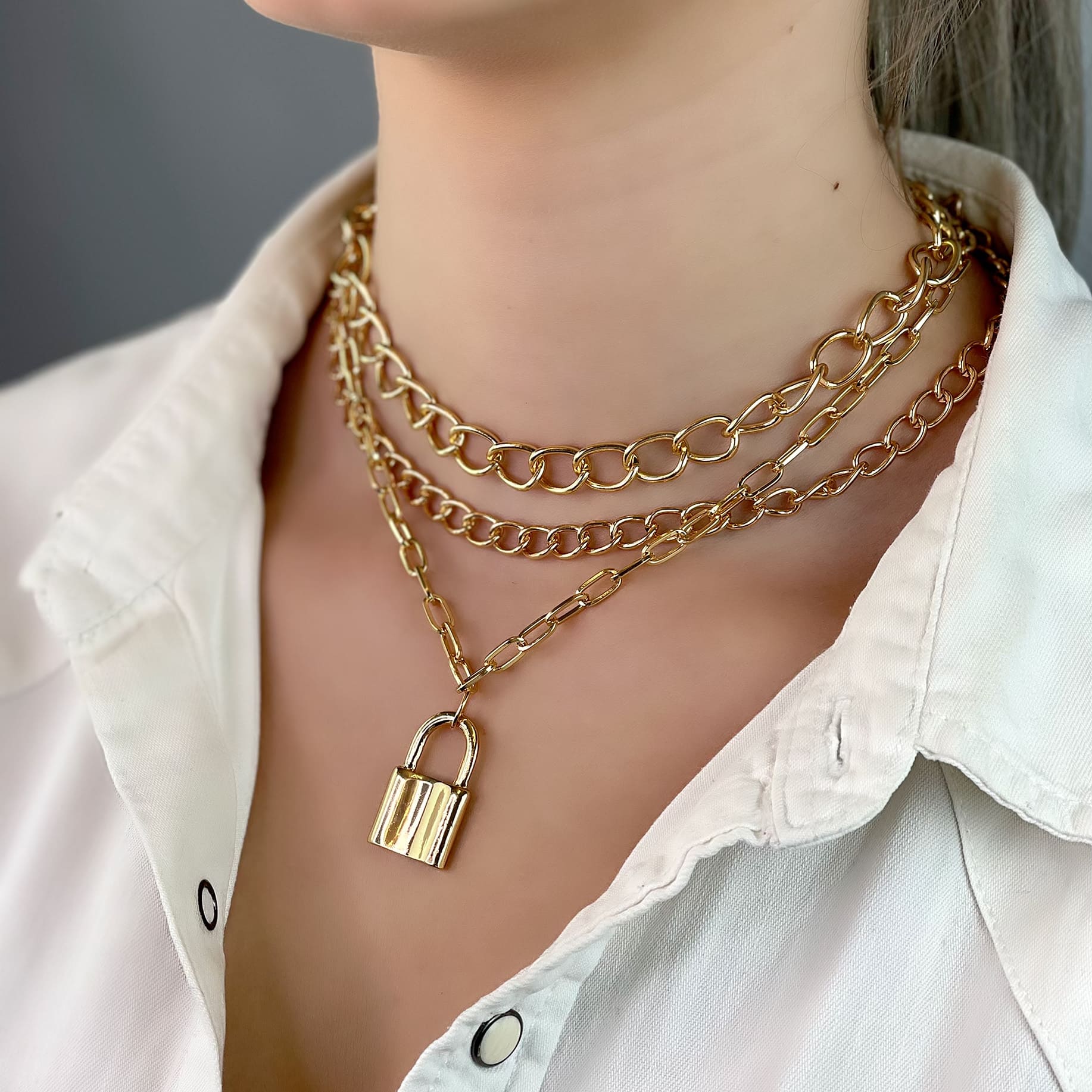 Hellen.V - Gold Lock Pendant, Chain Necklaces