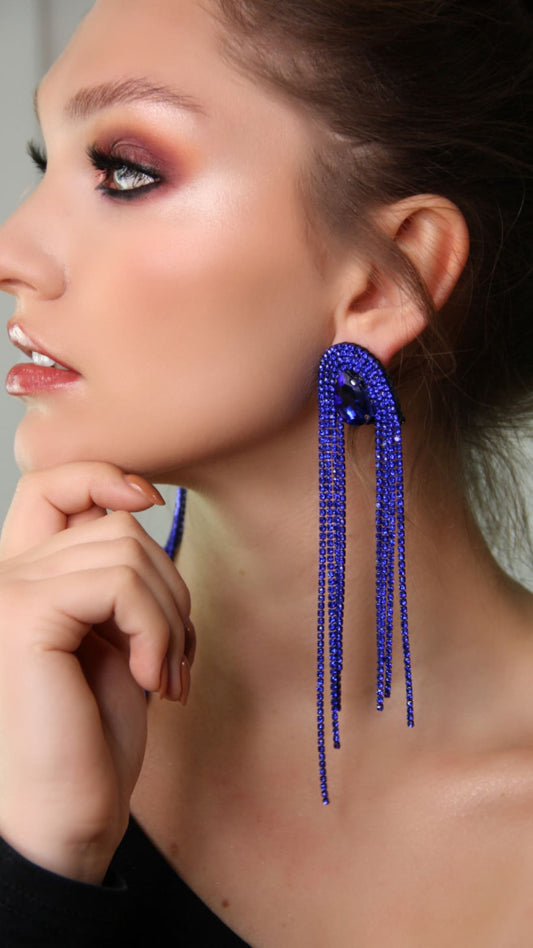 Blue Long Rhinestone Dangle Earrings