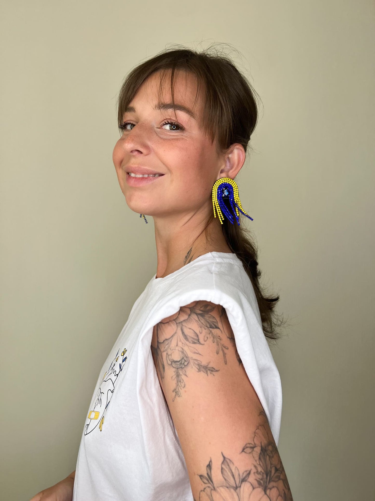 Ukrainian Blue Yellow Rhinestone Dangle Earrings