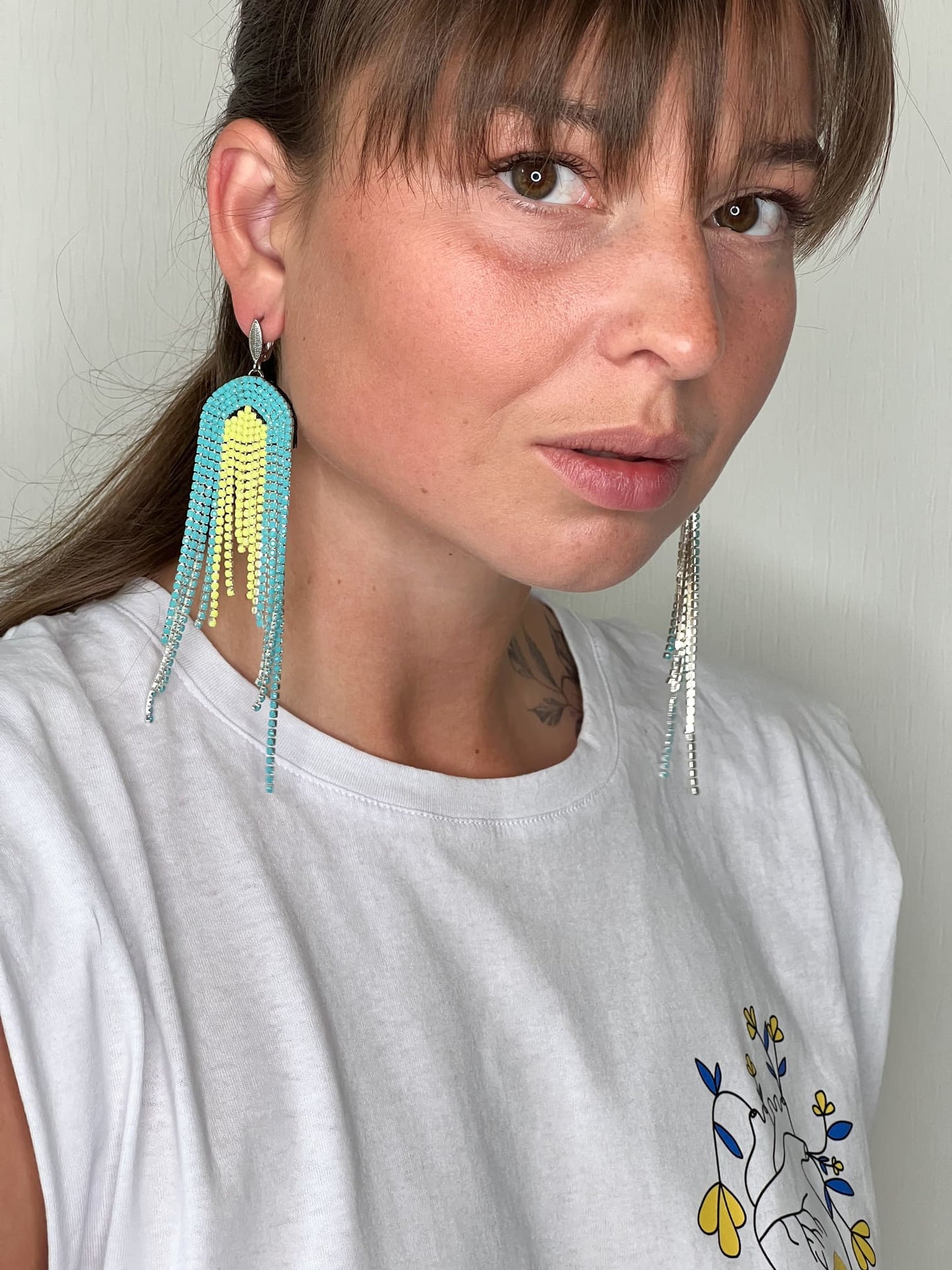 Blue Yellow Dangle Rhinestone Earrings