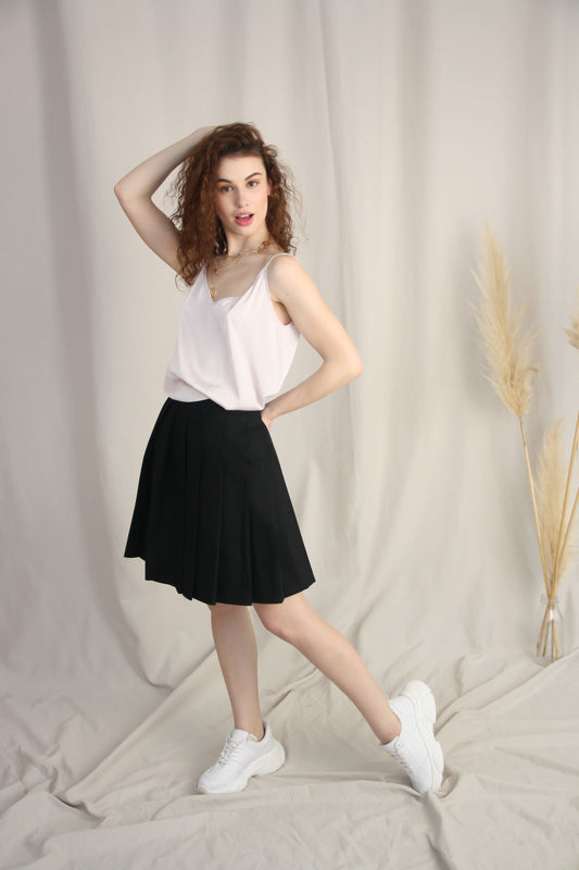 Silk V-Neck Camisole With Black Pleated Mini Skirt
