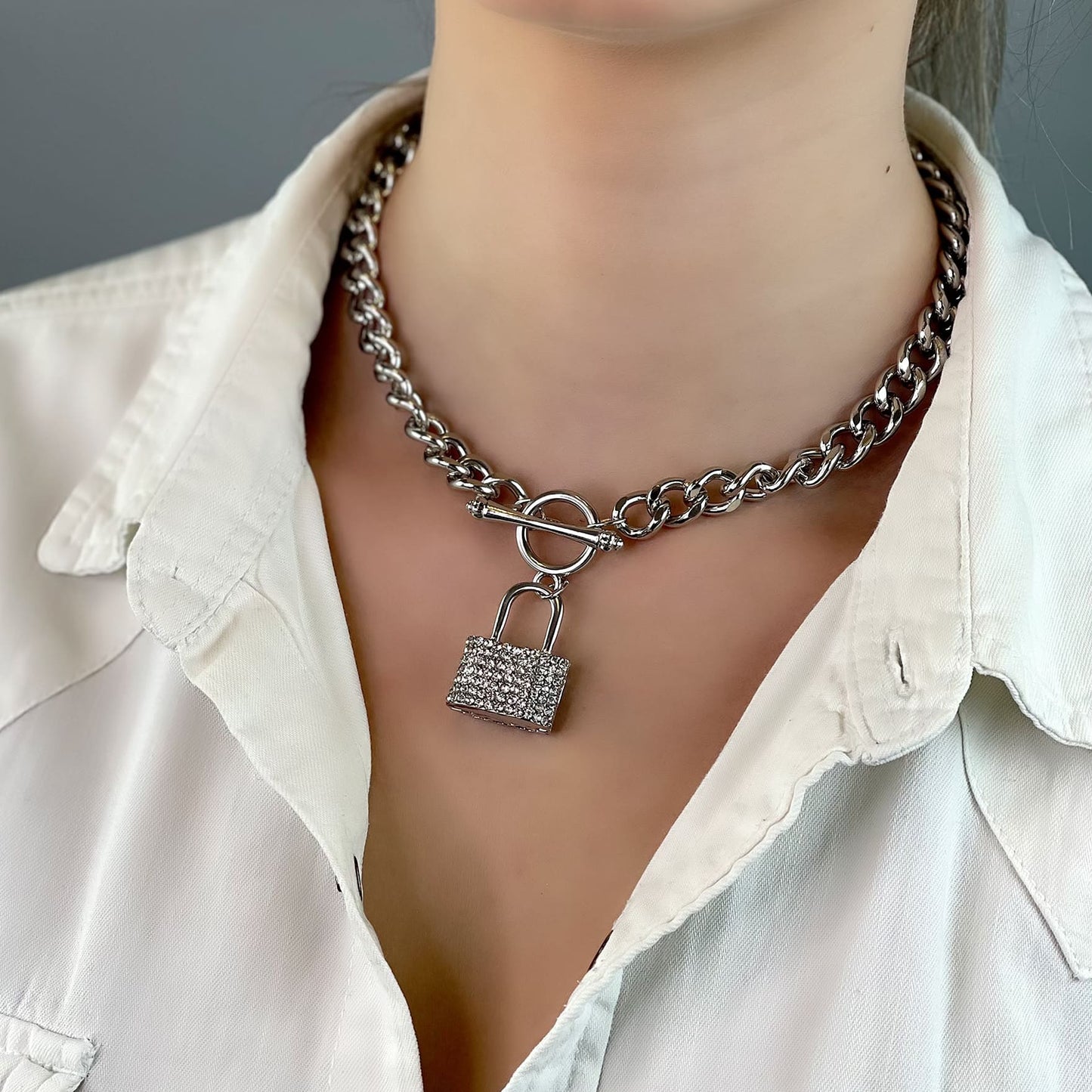 Hellen.V - Rhinestone  | Chain Necklace | Lock Pendant